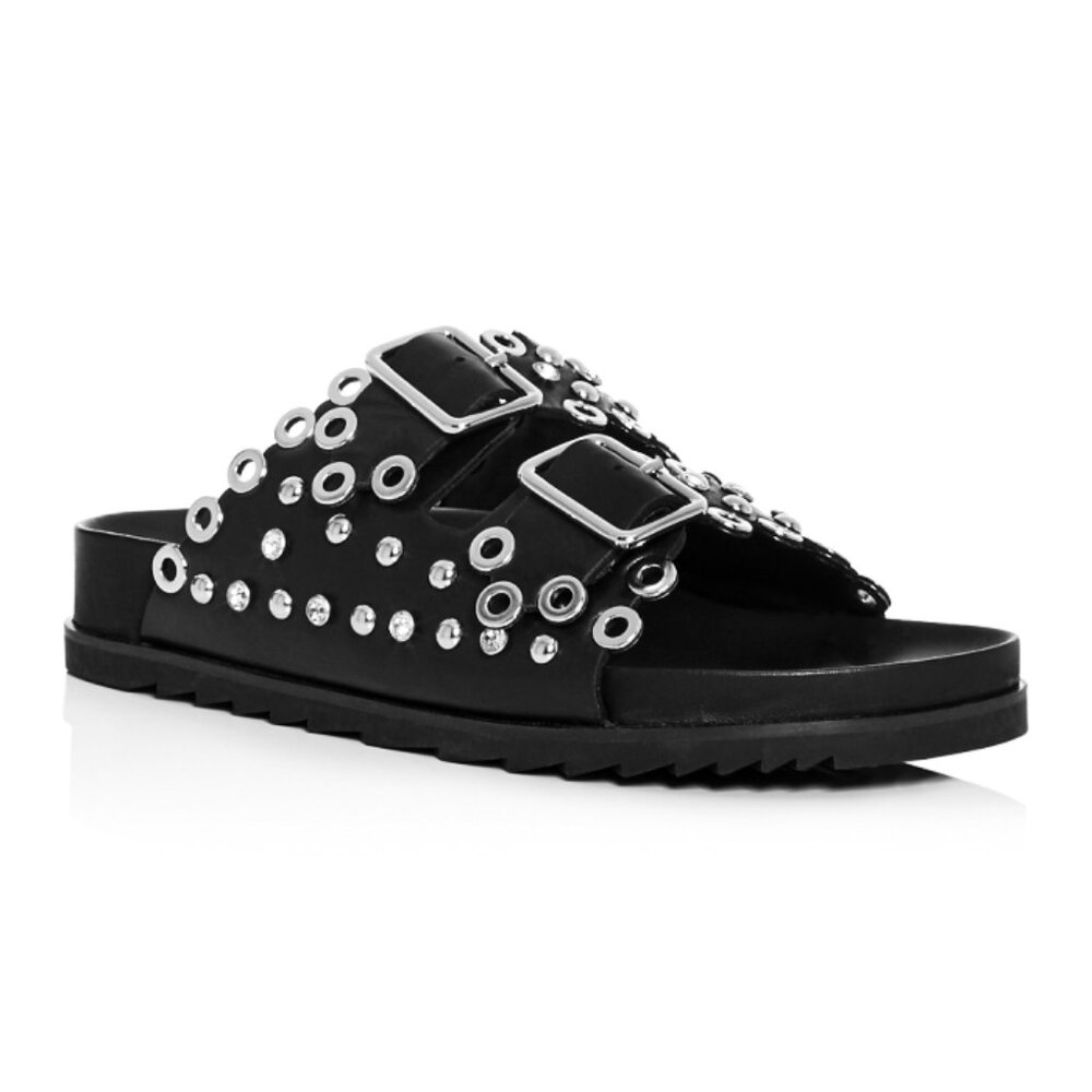Ash Universe Slide Sandal Black Leather Studded Crystals Birks Flats Edgy Gothic - Picture 3 of 17